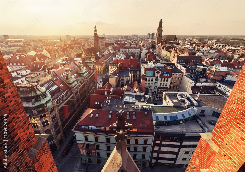 Panorama of the Wroclaw old city skyline at sunset, Poland