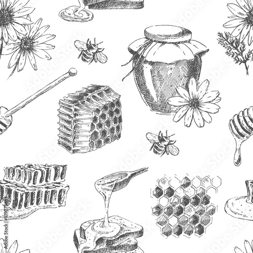 vector honey seamless pattern. hand drawn jar, spoon, stick, cells, camomile. ink sketch of organic nature products