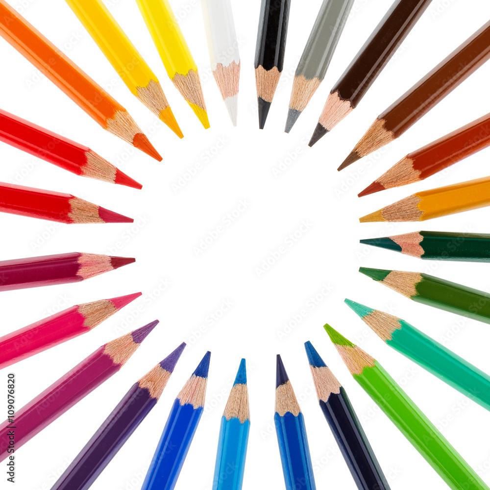 Colored pencils stacked in a circle isolated on white background Colored pencils stacked in a circle isolated on white background