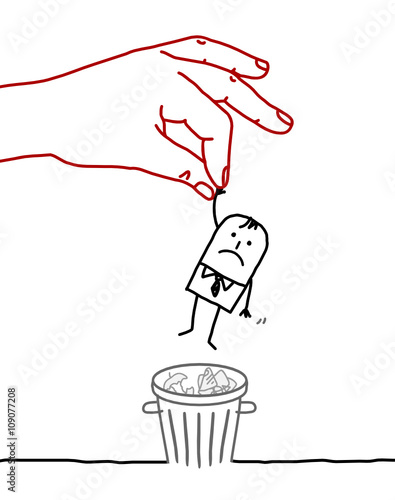 big hand and cartoon businessman - trash can