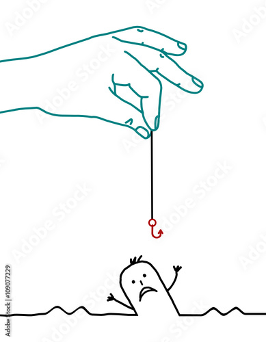 big hand and cartoon man - help