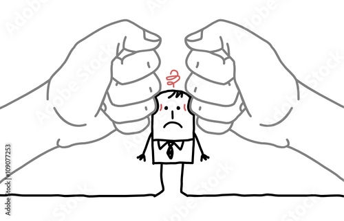 big hands and cartoon businessman - under pressure
