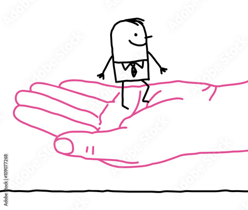 big hand and cartoon businessman - kindness