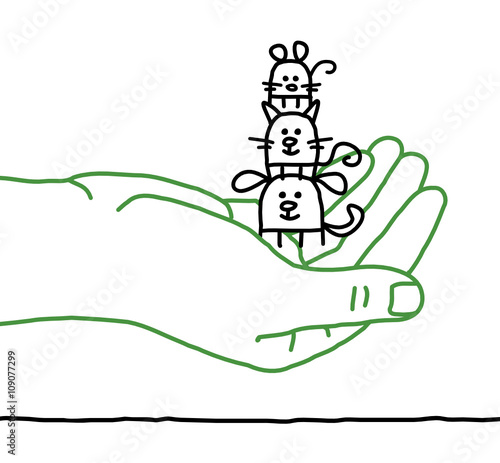 big hand and cartoon pets - protection
