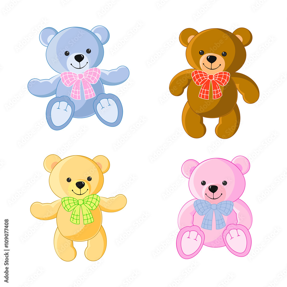 Bear, toy. Colorful collection of teddy bears for girls and boys. It can be used for baby textile, wrapping paper and children's room decoration.