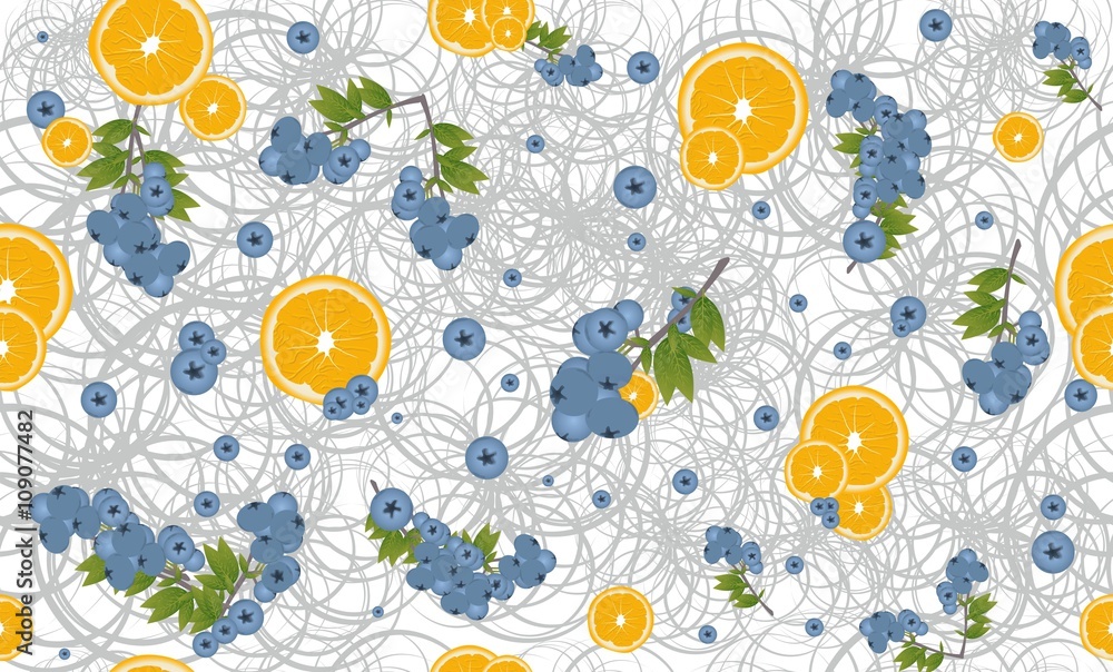 blueberries and orange pattern - obrazy, fototapety, plakaty 