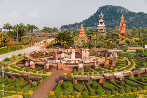 Nong Nooch Tropical Garden in Pattaya, Thailand. Panorama landscape view of formal garden.
