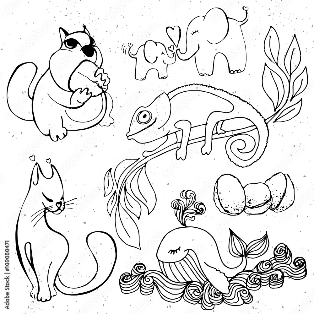 Cute animals silhouette - cartoon hamster, whale, elephant, chameleon Cute animals silhouette - cartoon hamster, whale, elephant, chameleon