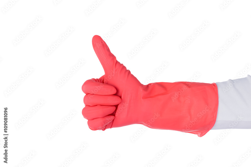 Hand in a red rubber glove for housework on white background. Cleaning in the bathroom, the toilet room. Hand in a red rubber glove for housework on white background. Cleaning in the bathroom, the toilet room.