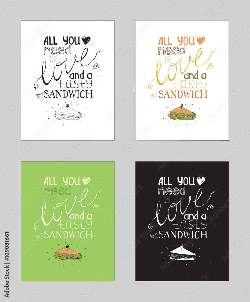 Vector illustration with motivationg inspirational quote about love to snacks and sandwich. Set of isolated background hand drawn typography, perfect for cafe or bar poster, t-shirt, placard. Vector illustration with motivationg inspirational quote about love to snacks and sandwich. Set of isolated background hand drawn typography, perfect for cafe or bar poster, t-shirt, placard.