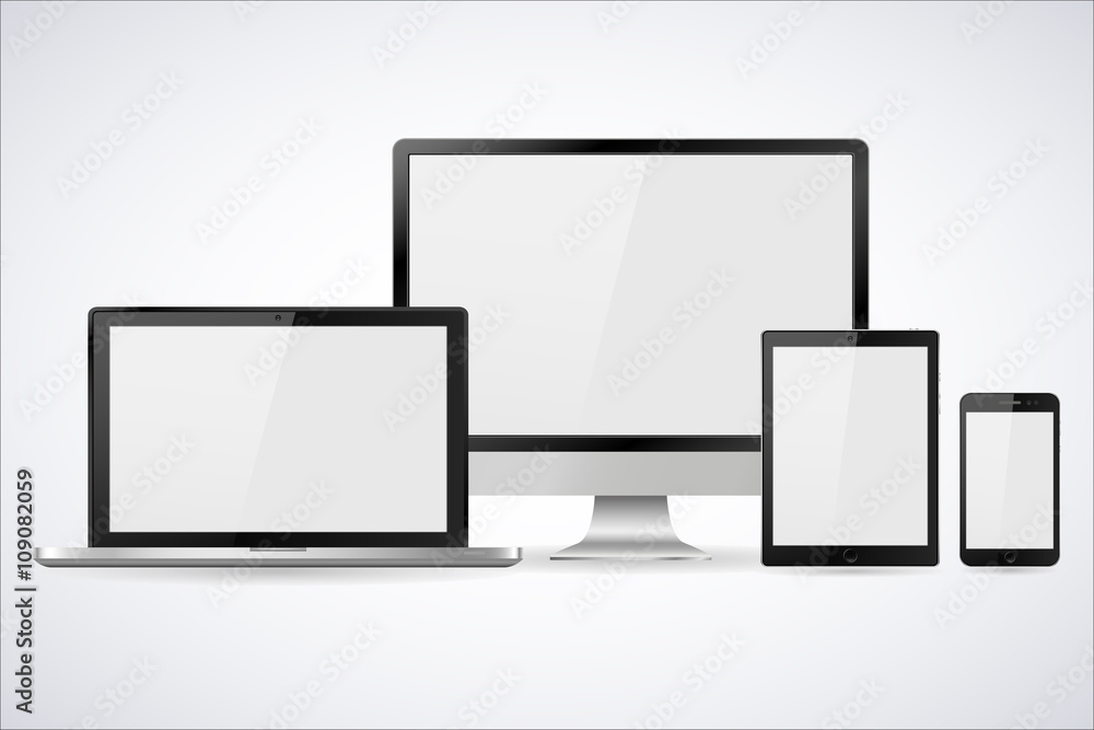 Set of realistic computer monitor, laptop, tablet and mobile phone with empty white screen. Various modern electronic gadget isolated on white background. Vector illustration