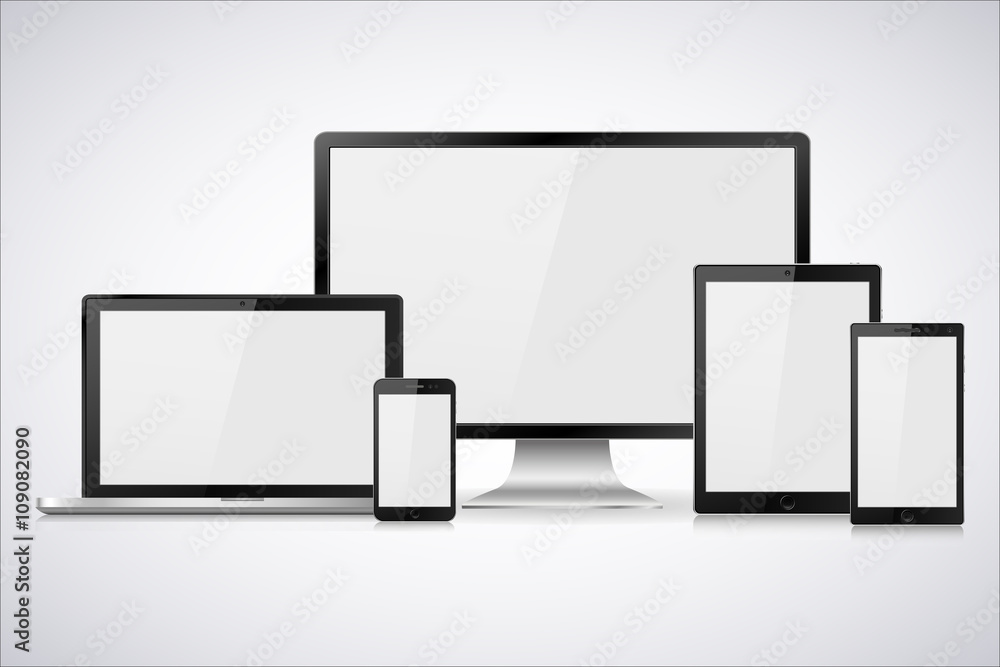 Set of realistic computer monitor, laptop, tablet and mobile phone with empty white screen. Various modern electronic gadget isolated on white background. Vector illustration Set of realistic computer monitor, laptop, tablet and mobile phone with empty white screen. Various modern electronic gadget isolated on white background. Vector illustration