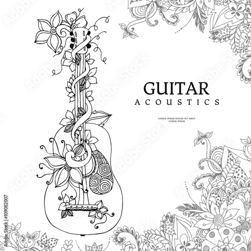 Vector illustration zentangl guitar with flowers in frame of flowers, acoustics, strings, doodle, zenart. Adult coloring books. Black and white.