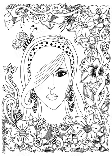 Vector illustration girl with Asian zentangl bee inher hair. Doodle frame flowers. Zenart anti-stress. Black and white.  Adult coloring books.