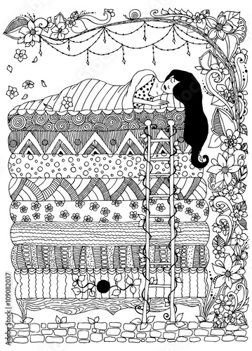 Vector illustration, princess the pea zentangl, dudling, Doodles art zenart. Sleeping girl, floral frame.  Black  and white. Adult coloring books