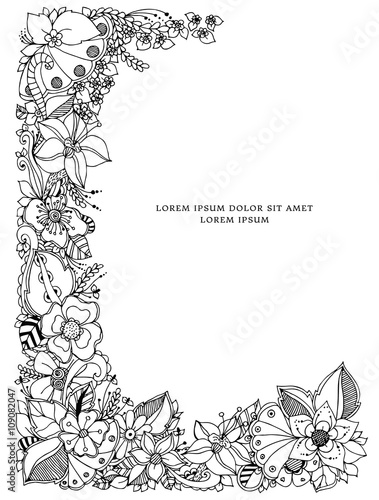 Fototapeta Naklejka Na Ścianę i Meble -  Vector illustration of floral frame zentangle, doodling. Zenart, doodle, flowers. Black and white. Adult coloring books