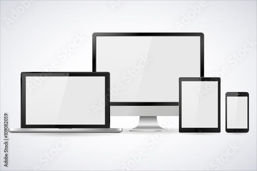 Set of realistic computer monitor, laptop, tablet and mobile phone with empty white screen. Various modern electronic gadget isolated on white background. Vector illustration
