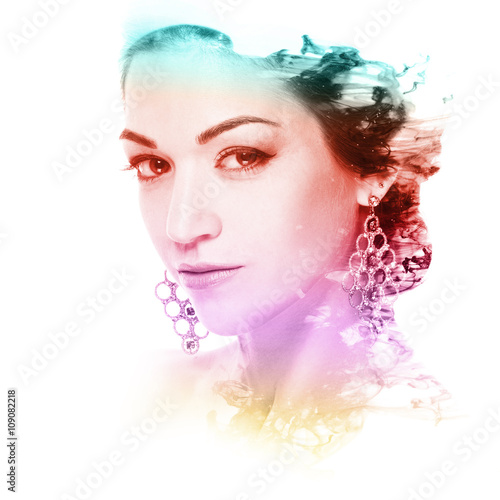 Fototapeta Naklejka Na Ścianę i Meble -   Double exposure of a beautiful woman and cloud of color ink