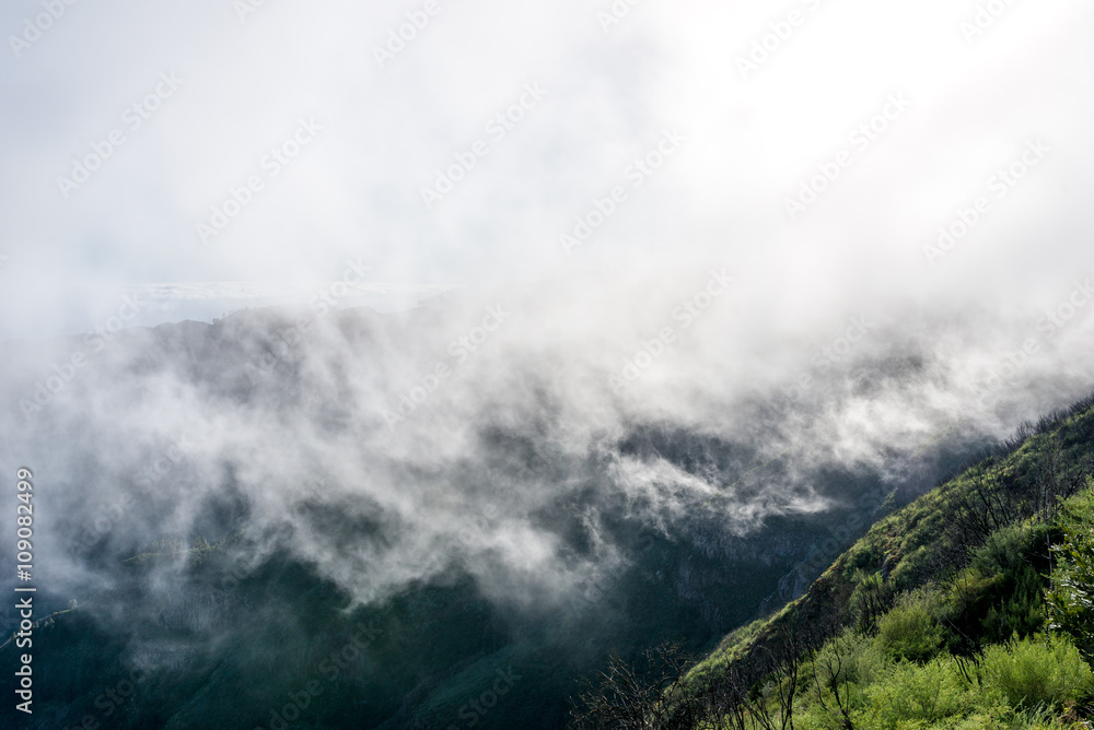 Barranco de Benchijigua on the Canary island La Gomera in clouds, which were formed above regions within trade wind. The clouds comes from the Azores and reaches the Islands in approx. 800m altitude