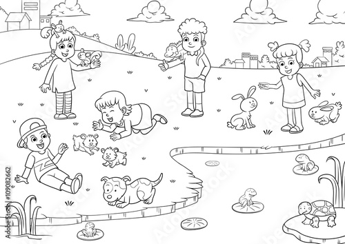 child and pet cartoon for coloring
