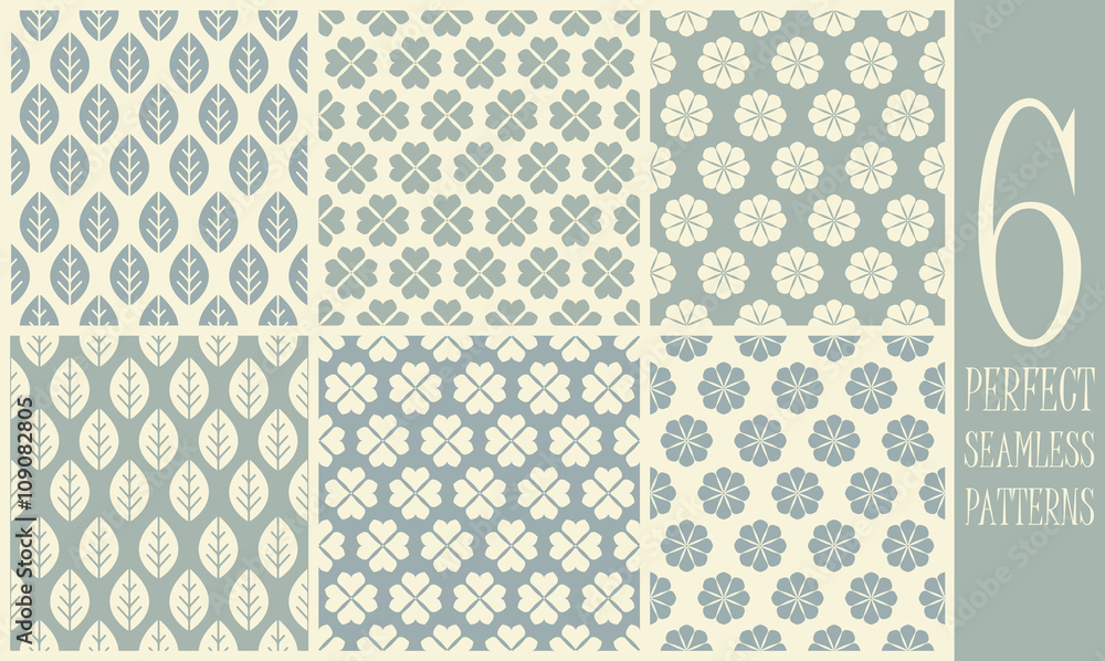 6 Vector seamless patterns with flowers and leaves