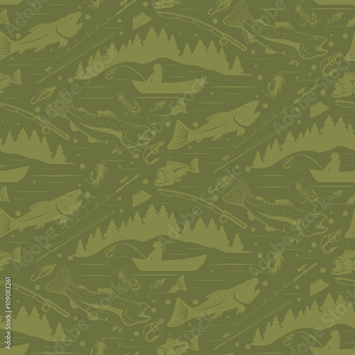 Seamless pattern for fishing theme. With fish,fishman,lure,rod a