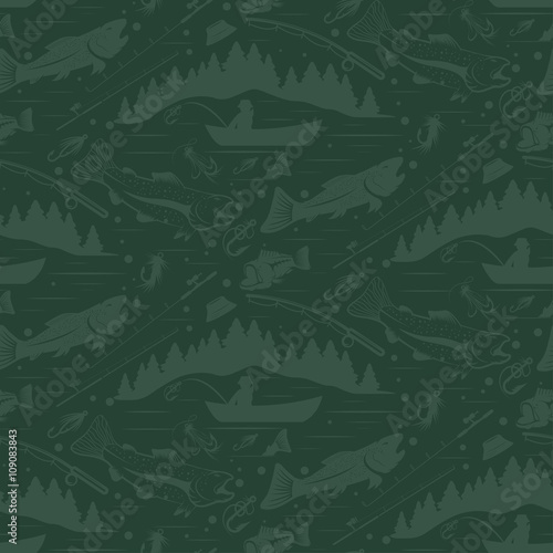 Seamless pattern for fishing theme. With fish,fishman,lure,rod a