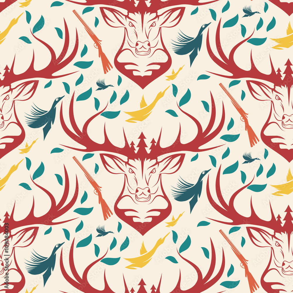 Seamless pattern for hunting theme. With deer, duck, gun, bird a