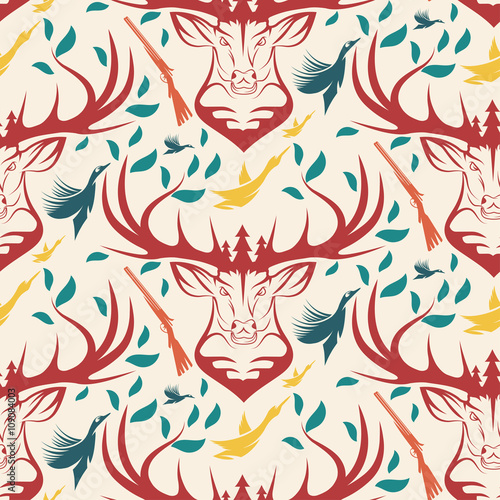 Seamless pattern for hunting theme. With deer, duck, gun, bird a