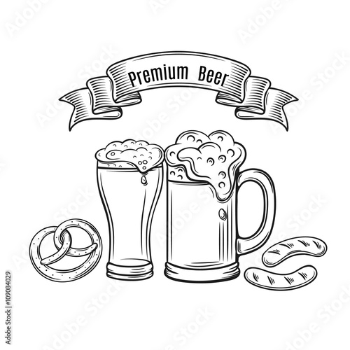 Decorative outline monochrome icons glasses of beer