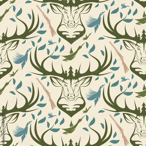 Seamless pattern for hunting theme. With deer, duck, gun, bird a