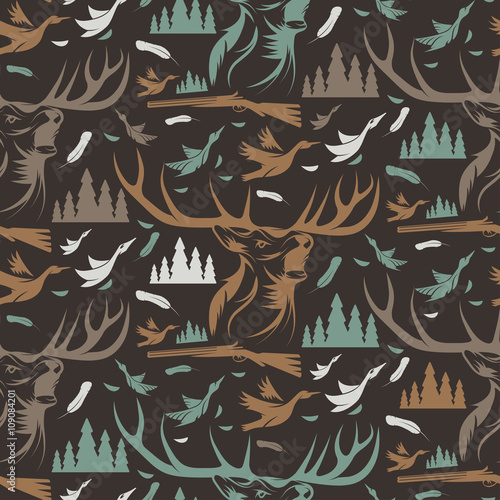Seamless pattern for hunting theme. With deer, duck, gun, bird a