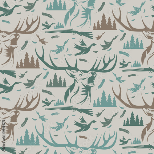 Seamless pattern for hunting theme. With deer, duck, gun, bird a