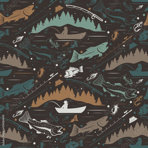 Seamless pattern for fishing theme. With fish,fishman,lure,rod a