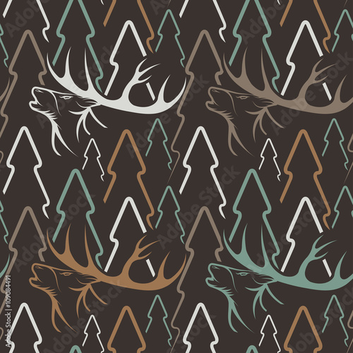 Seamless pattern for hunting theme. With deer, duck, gun, bird a
