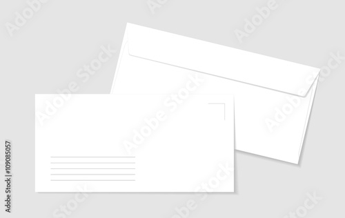 Two paper white envelopes with lines for address. Blank paper envelopes for your design. Vector envelopes template. 