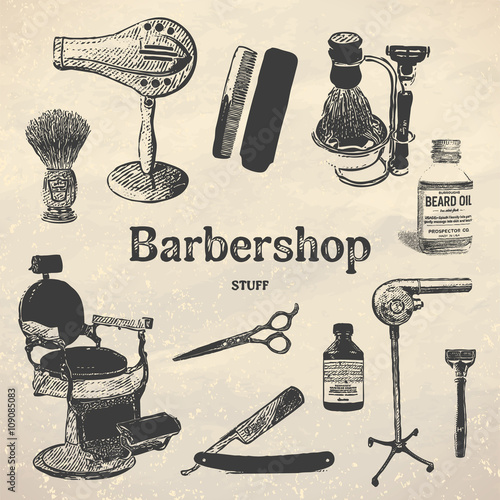 Vintage Barbershop tools. Vector Illustration Set. Brush, razor, chair, scissors, comb, hairdryer.