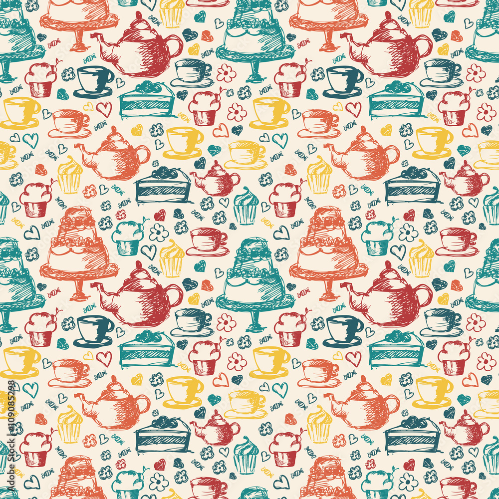 Seamless hand written pattern for tea time theme. With tea, cup, Seamless hand written pattern for tea time theme. With tea, cup,