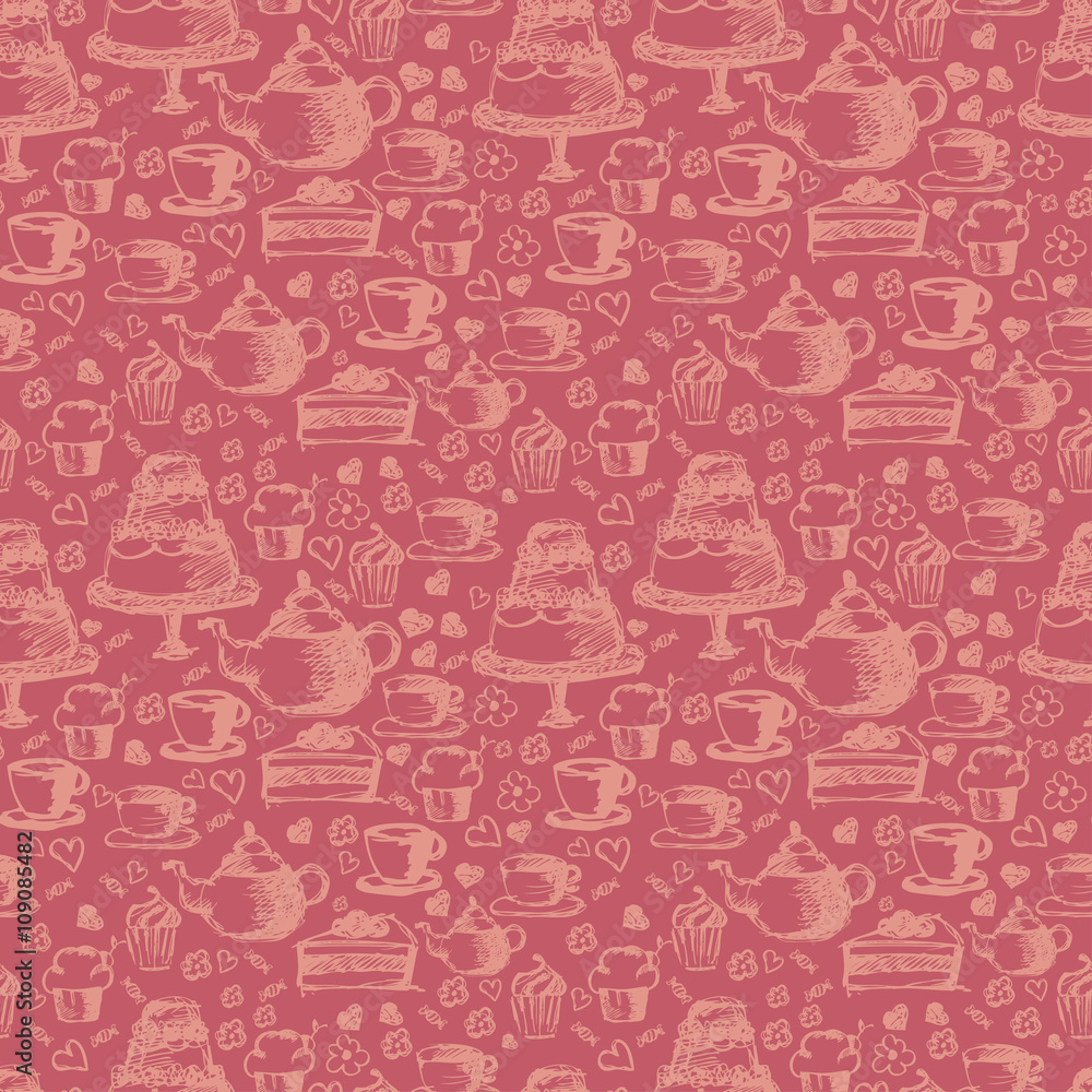 Seamless hand written pattern for tea time theme. With tea, cup, Seamless hand written pattern for tea time theme. With tea, cup,