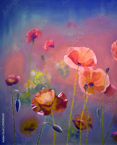 Oil  painting red poppy  flowers.  Spring  floral nature backgro