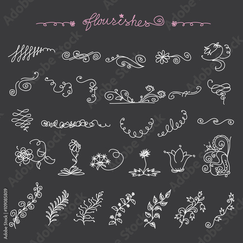  hand drawn design elements: flowers, wreaths, banners, ribbons