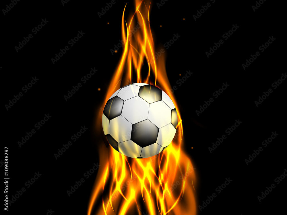 Naklejka premium Soccer ball in ascending flame on black background, vector illustration