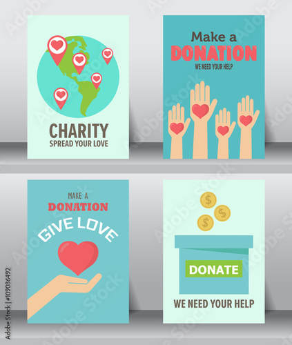 give and share your love to poor people. charity and donation poster set. flat design. can be use for background and invitation card. brochure layout template in A4 size. vector illustration