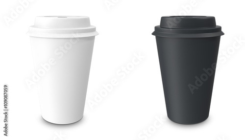 Collection, group, set, take-out coffee with cup holder. Isolated on a white background.