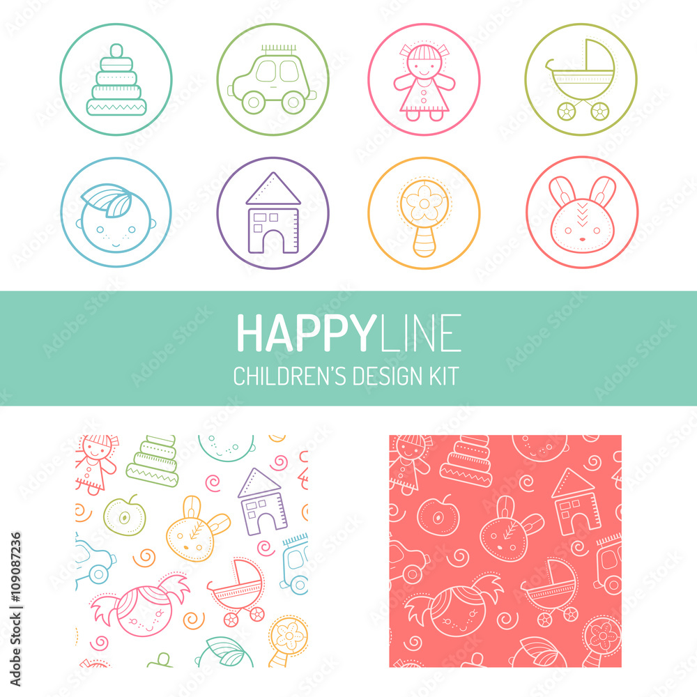 Pastel baby icon and pattern set
