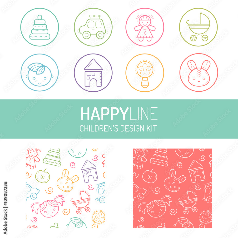 Pastel baby icon and pattern set Pastel baby icon and pattern set