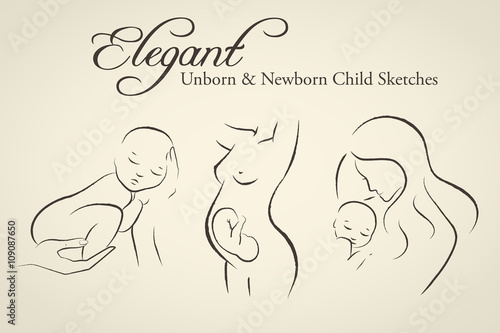 Set of elegant pregnant woman and newborn child silhouettes