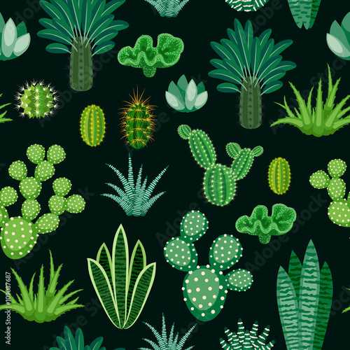 Seamless pattern of cacti and succulents.