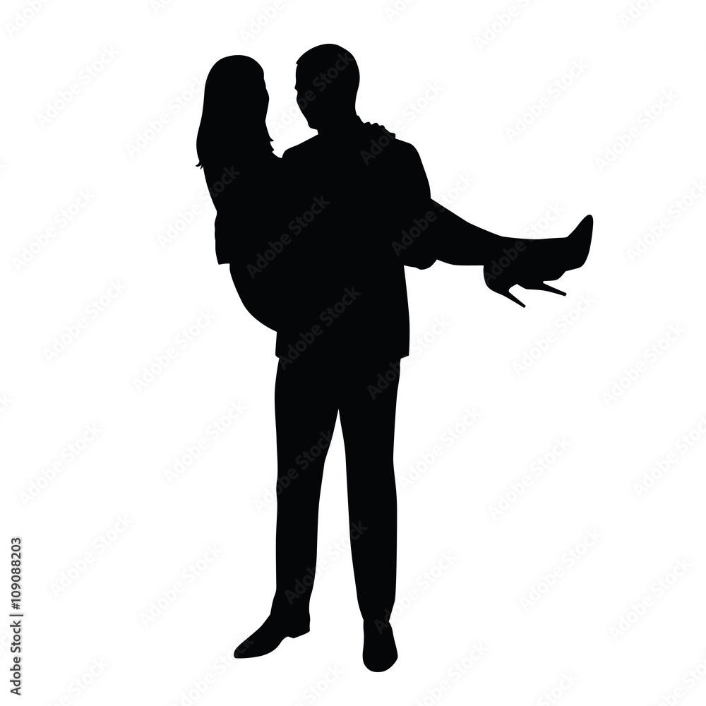 Man carries woman in his arms. Vector silhouette of the happy co