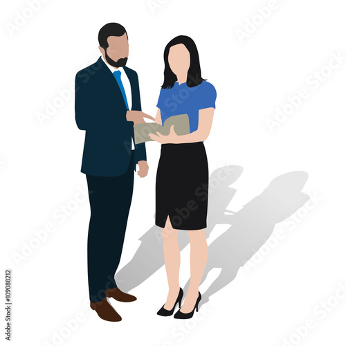 Business man and woman consults over book. Agreeing during prese